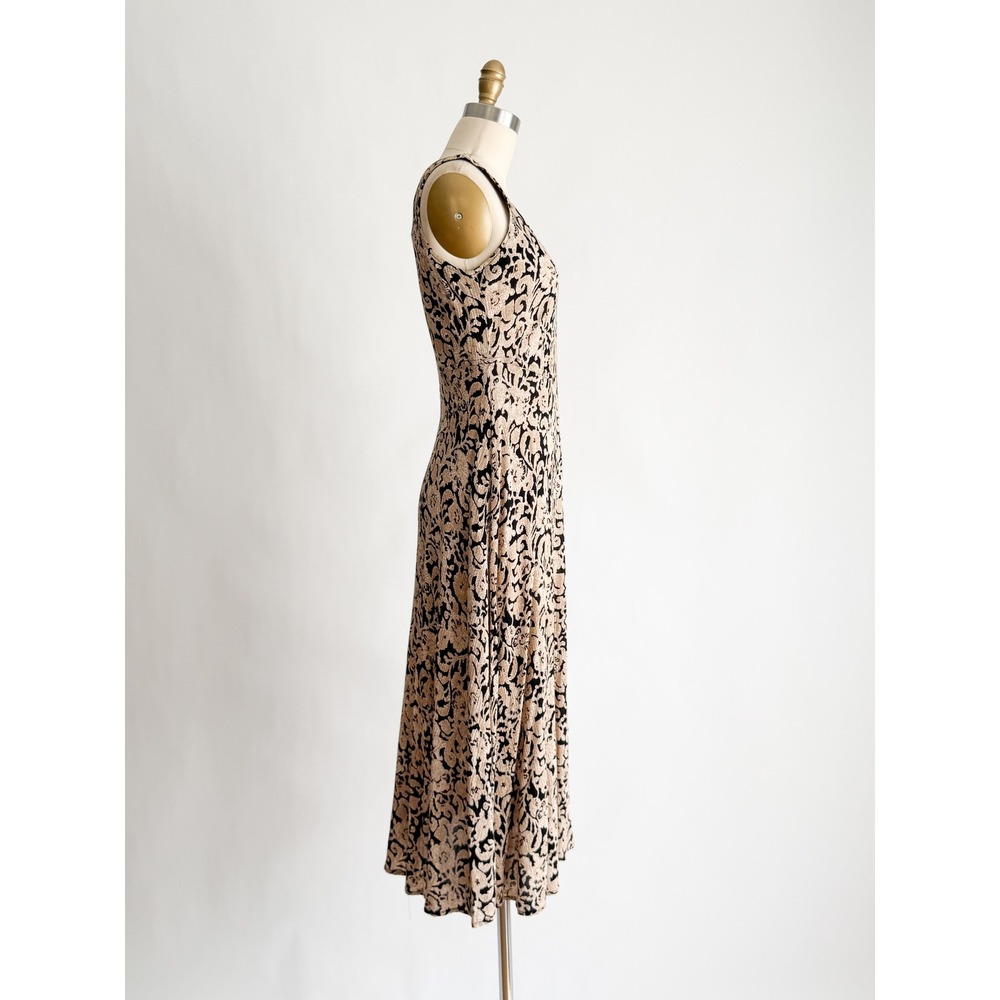 Rabbit Rabbit Designs Vintage Floral Midi Dress Tan Black Rayon Sleeveless USA - Picture 5 of 8